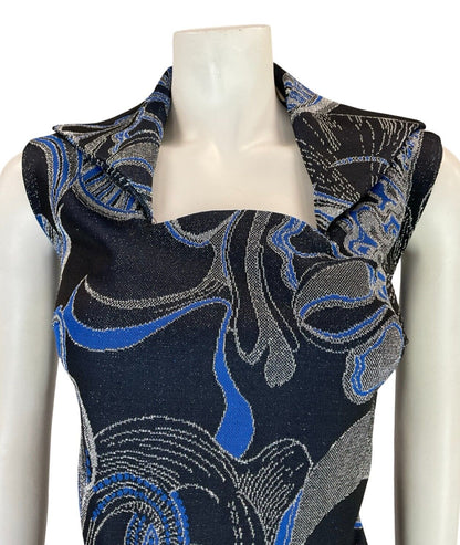 VTG 60S 70S NAVY SILVER BLUE WING NECK LUREX PSYCHDELIC FLORAL DRESS 12 14