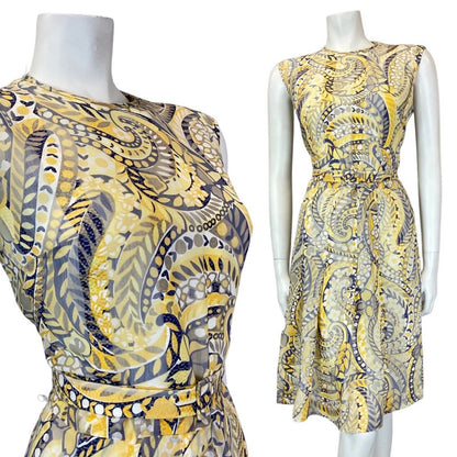 VINTAGE 60s 70s YELLOW BLUE PSYCHEDELIC PAISLEY FLOWER MOD SLEEVELESS DRESS 14
