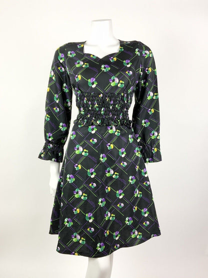 VINTAGE 60s 70s BLACK PURPLE GREEN CHECKED FLORAL SHIRRED SWEETHEART DRESS 10