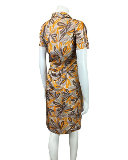 VINTAGE 60s 70s BROWN ORANGE BEIGE PSYCHEDELIC FLORAL SHIRT DRESS 12 14