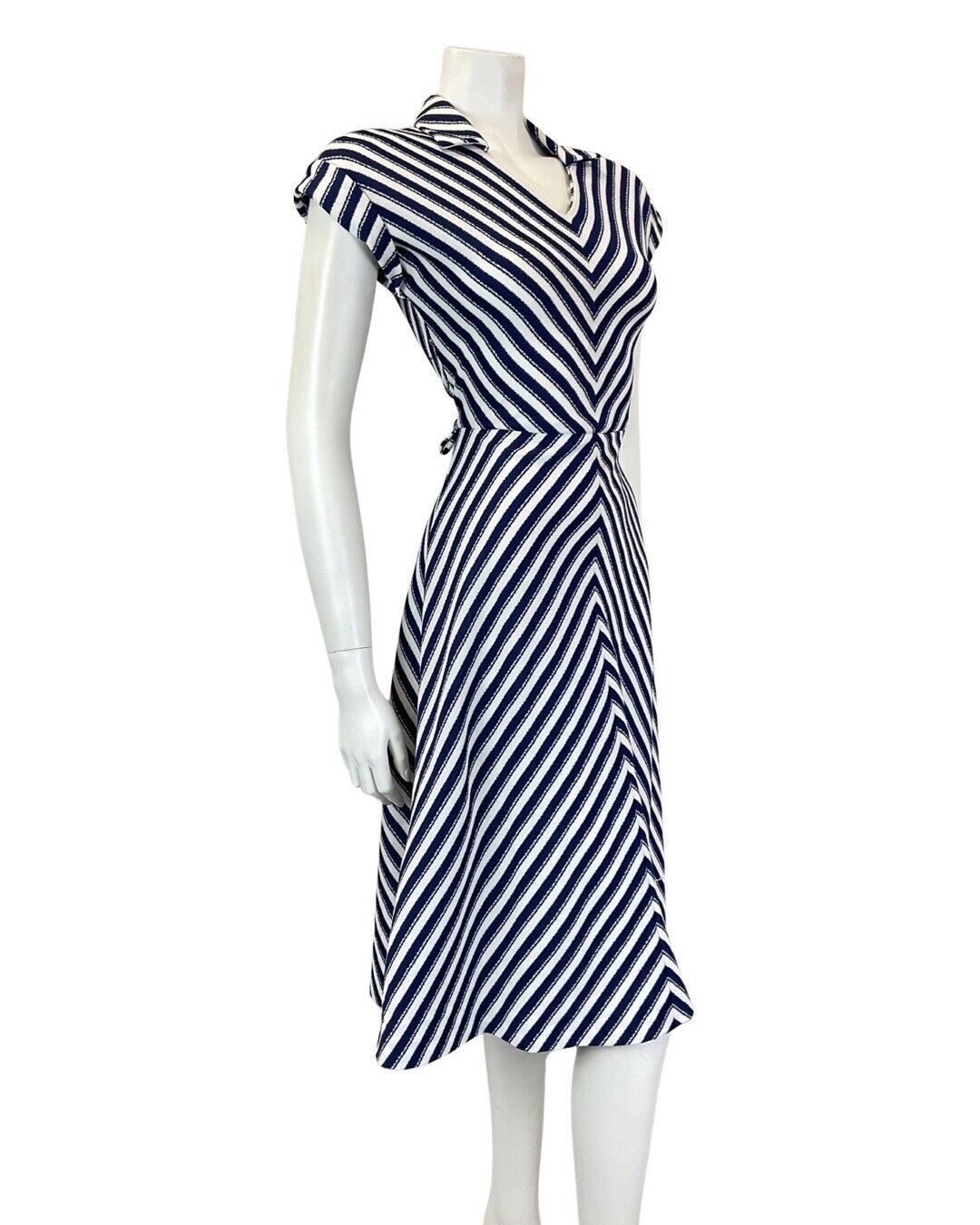 VINTAGE 60s 70s NAVY BLUE WHITE STRIPED MOD SHIRT SWING FLARED DRESS 8 10