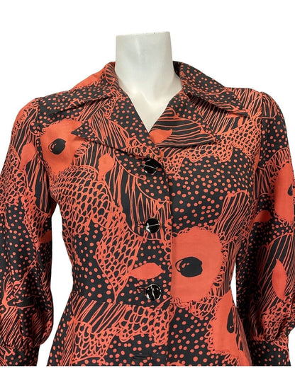 VINTAGE 60s 70s ORANGE BLUE FLORAL PSYCHEDELIC MOD SILK SHIRT DRESS 10