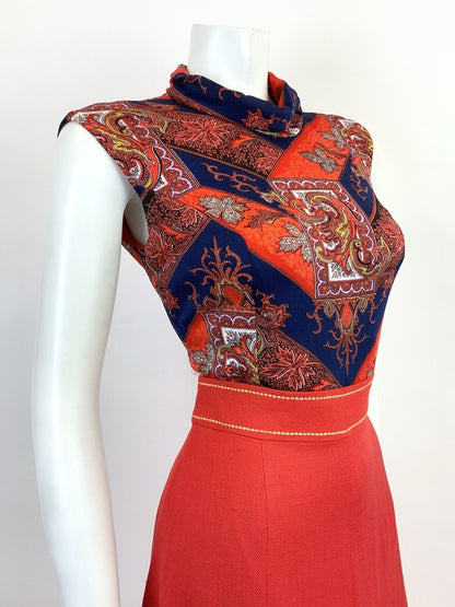 VINTAGE 60s 70s RED BLUE FLORAL BAROQUE TURTLENECK SLEEVELESS MOD DRESS 10