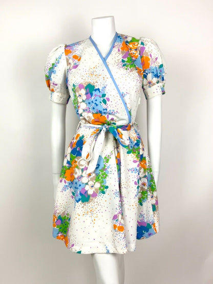 VINTAGE 60s 70s WHITE BLUE ORANGE PURPLE FLORAL WRAP SUMMER DRESS 10 12