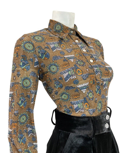 VINTAGE 70s BROWN SILVER BLUE CASTLE TENT MOD DAGGER COLLAR LUREX SHIRT 12
