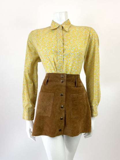 VINTAGE 60s 70s YELLOW WHITE GREEN FLORAL DITSY MOD DAGGER SHIRT BLOUSE 16 18
