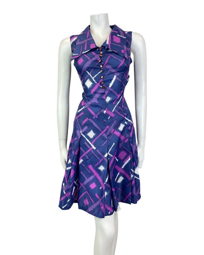 VTG 60s 70s BLUE PURPLE PINK STRIPED GEOMETRIC WING COLLAR MOD SWING DRESS 10 12