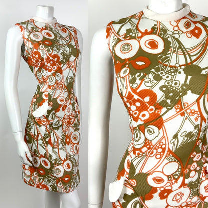 VINTAGE 60s 70s WHITE ORANGE GREEN FLORAL PSYCHEDELIC SLEEVELESS MOD DRESS 12 14