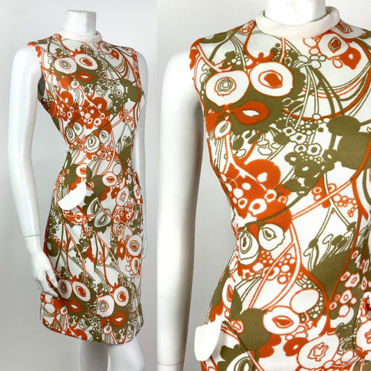 VINTAGE 60s 70s WHITE ORANGE GREEN FLORAL PSYCHEDELIC SLEEVELESS MOD DRESS 12 14
