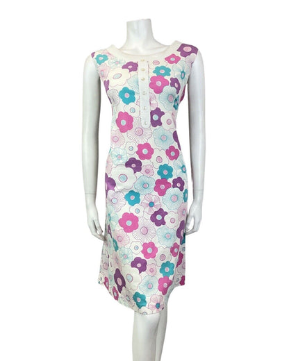 VINTAGE 60s 70s WHITE PINK BLUE DAISY FLOWER MOD SLEEVELESS SHIFT DRESS 12 14
