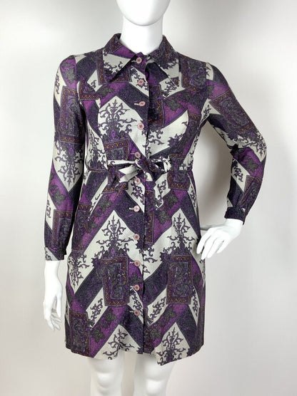 VTG 60s 70s PURPLE WHITE SILVER ZIG-ZAG FLORAL DAGGER COLLAR LUREX DRESS 14 16