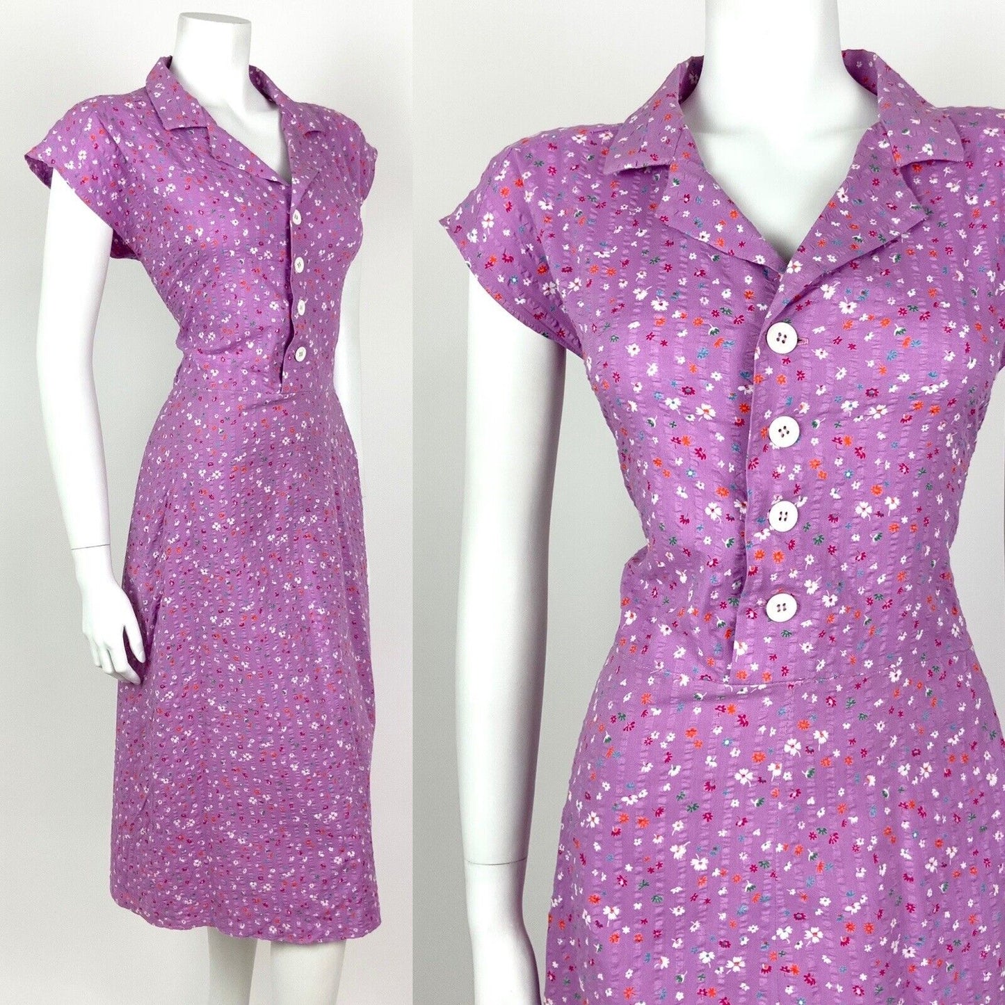 VINTAGE 70s PURPLE ORANGE WHITE BLUE DITSY FLORAL REVERS SHIRT DRESS 12