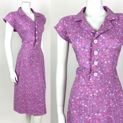 VINTAGE 70s PURPLE ORANGE WHITE BLUE DITSY FLORAL REVERS SHIRT DRESS 12