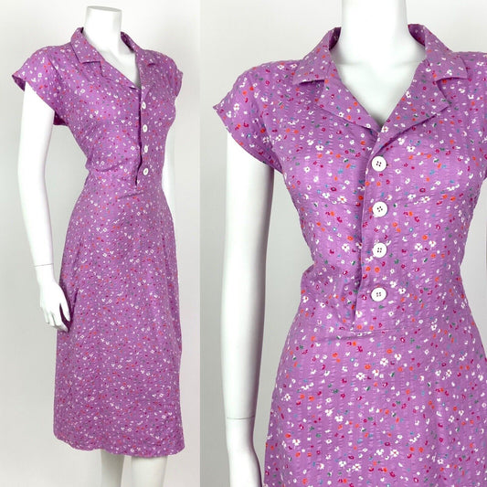 VINTAGE 70s PURPLE ORANGE WHITE BLUE DITSY FLORAL REVERS SHIRT DRESS 12