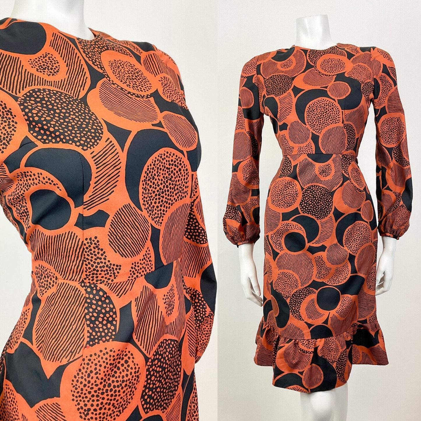 VINTAGE 60s 70s BURNT ORANGE BLACK PSYCHEDELIC CIRCLE MOD RUFFLE DRESS 8