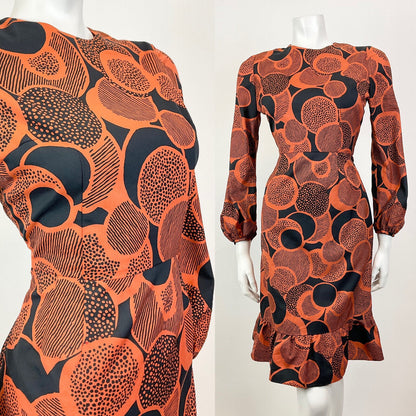 VINTAGE 60s 70s BURNT ORANGE BLACK PSYCHEDELIC CIRCLE MOD RUFFLE DRESS 8