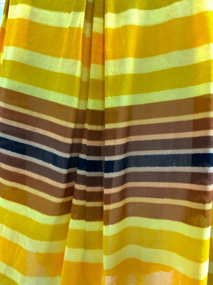 VINTAGE 60s 70s YELLOW ORANGE BROWN STRIPED SHEER SUMMER DRESS 10