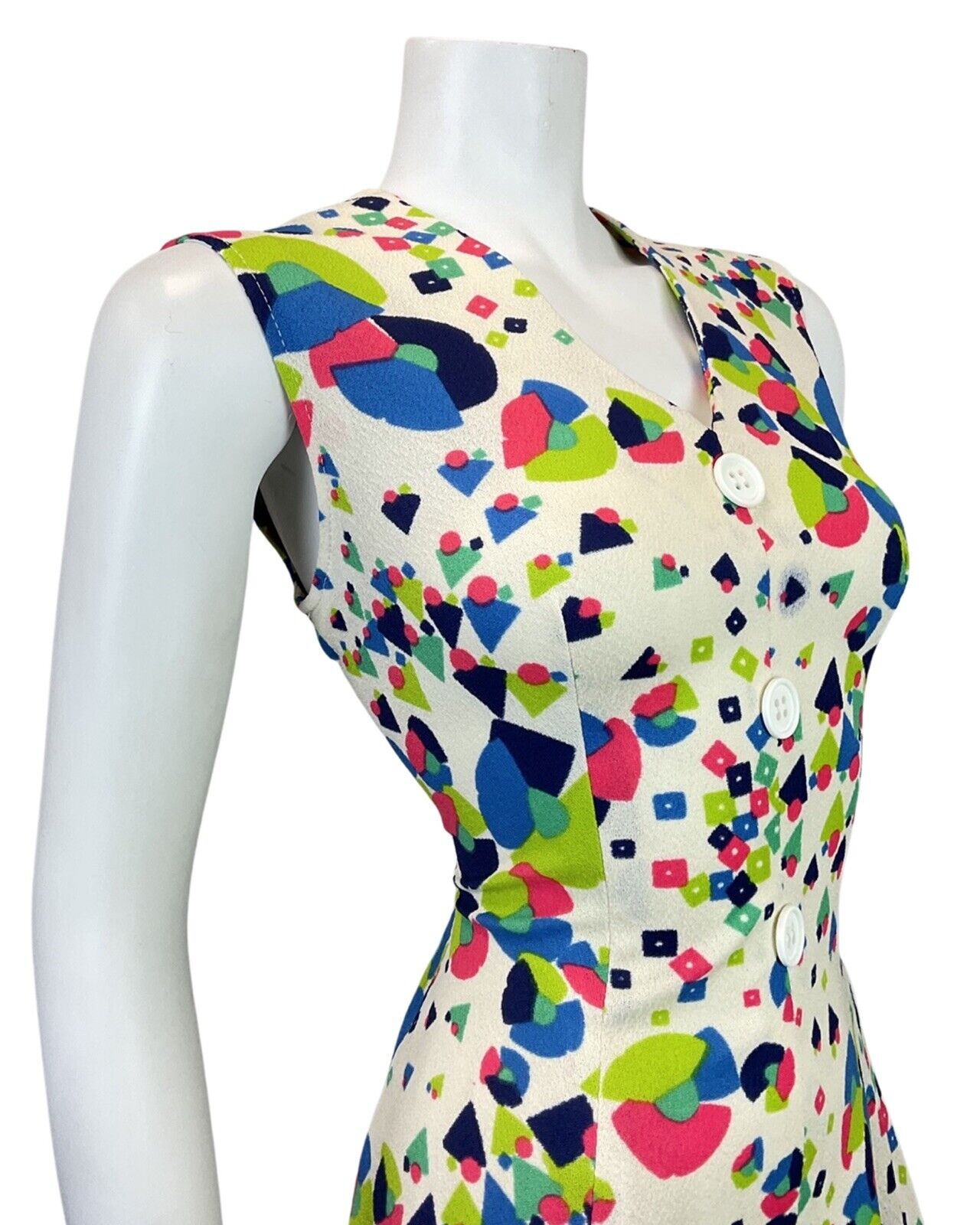 VINTAGE 60s 70s CREAM GREEN PINK GEOMETRIC PSYCHEDELIC SLEEVELESS SWING DRESS 12