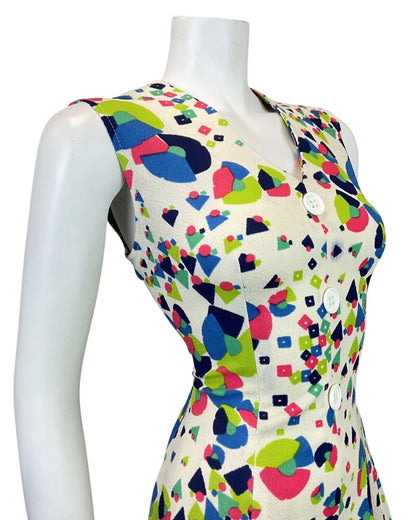 VINTAGE 60s 70s CREAM GREEN PINK GEOMETRIC PSYCHEDELIC SLEEVELESS SWING DRESS 12