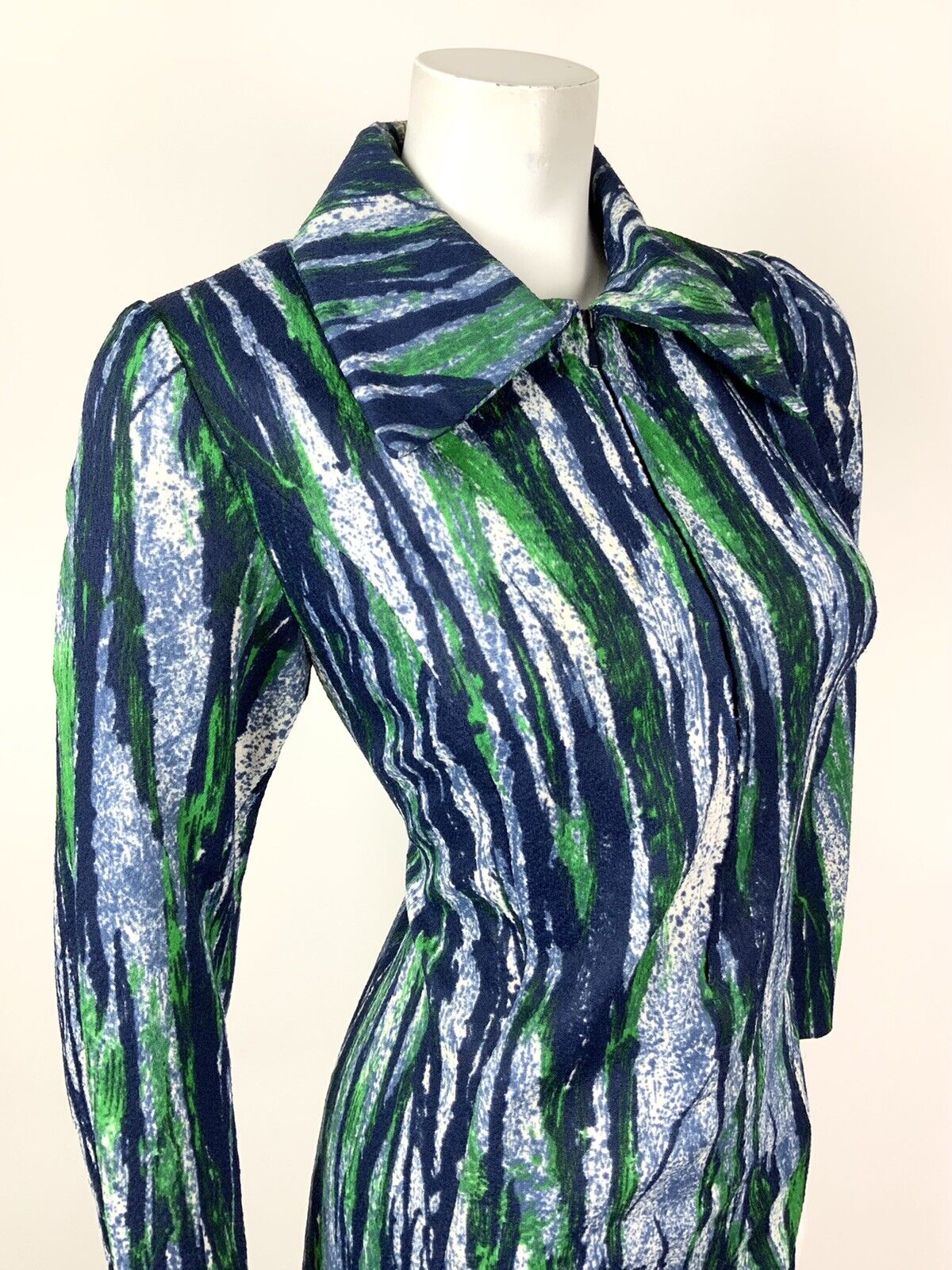 VINTAGE 60s 70s BLUE GREEN WHITE BRUSH STROKE DAGGER COLLAR SHIRT DRESS 12 14