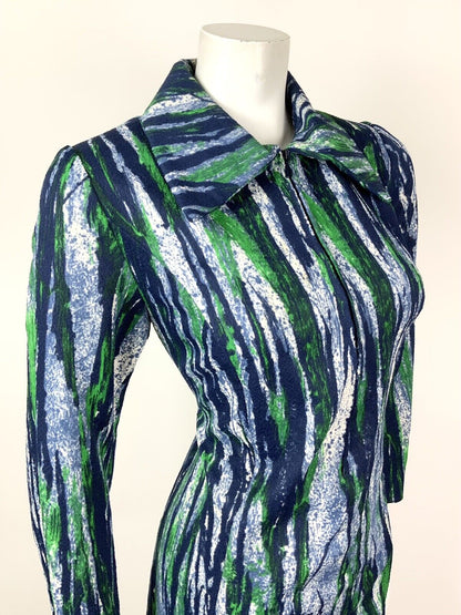 VINTAGE 60s 70s BLUE GREEN WHITE BRUSH STROKE DAGGER COLLAR SHIRT DRESS 12 14