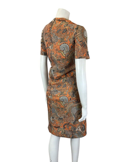 VINTAGE 60s 70s ORANGE GREY BLUE PSYCHEDELIC PAISLEY FLORAL DRESS 14 16