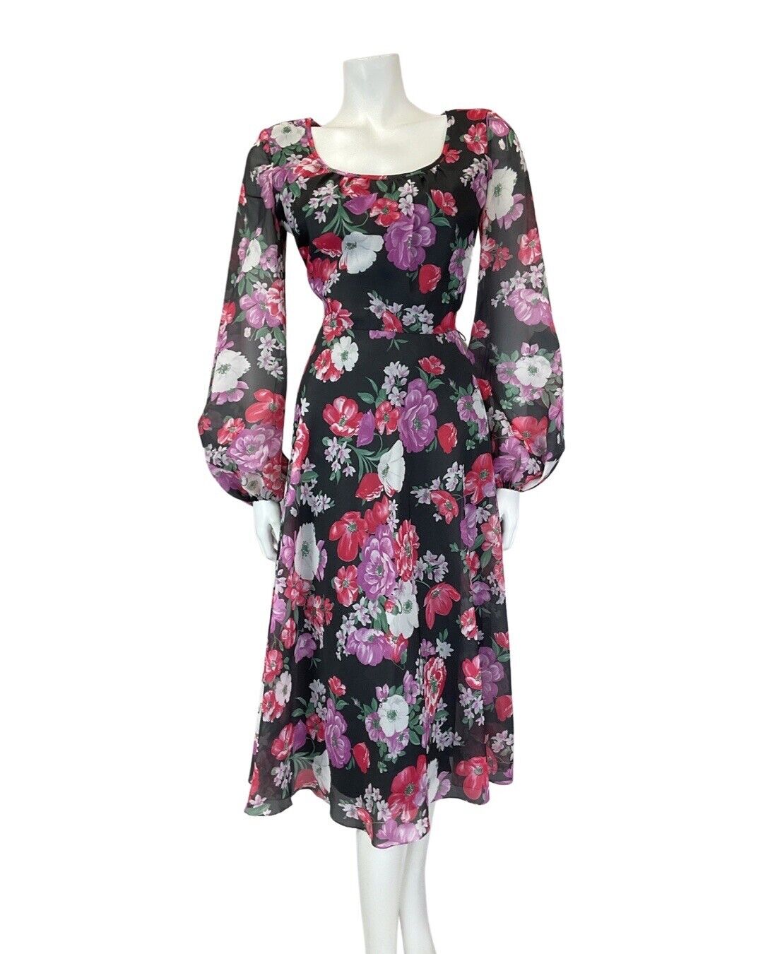 VINTAGE 60s 70s BLACK PINK PURPLE FLORAL SHEER FLOATY MIDI SWING DRESS 10