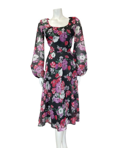 VINTAGE 60s 70s BLACK PINK PURPLE FLORAL SHEER FLOATY MIDI SWING DRESS 10