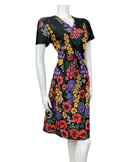 VINTAGE 60s 70s BLACK YELLOW LILAC FLORAL POPPY MOD SHORT SLEEVE DRESS 12 14