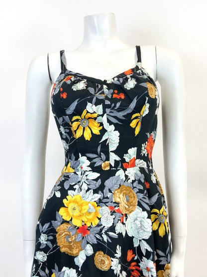 VTG 60s 70s BLACK GREY RED YELLOW FLORAL STRAPPY SUMMER SUN-DRESS 8 10
