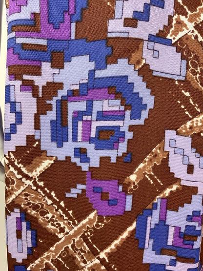 VINTAGE 60s 70s BROWN BLUE PURPLE CHECKED PIXEL FLORAL PSYCHEDELIC DRESS 12 14