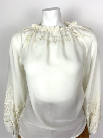 VTG 60s 70s CREAM EMBROIDERED FLORAL PUFF SLEEVE SHEER PEASANT BOHO TOP 8 10