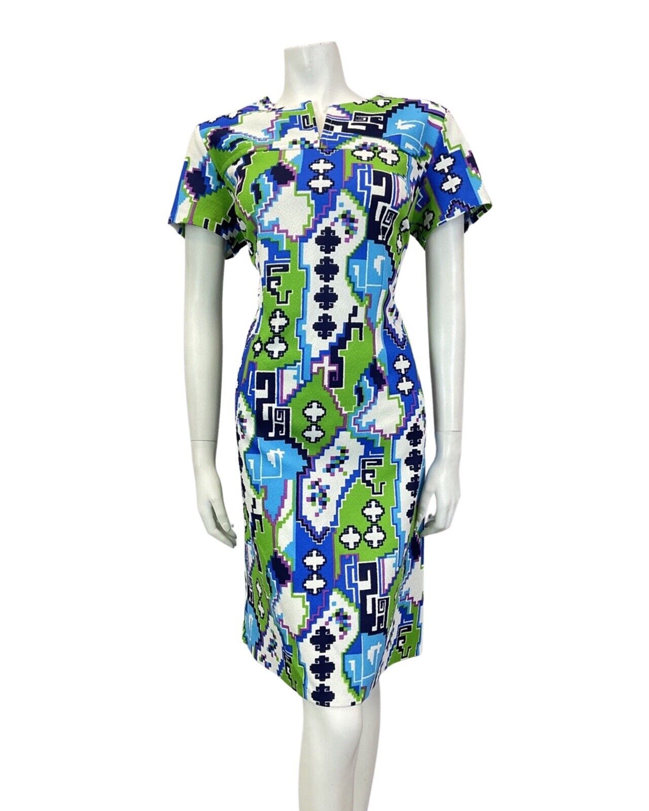 VINTAGE 60s 70s BLUE GREEN WHITE GEOMETRIC PSYCHEDELIC PIXEL MOD DRESS 14 16
