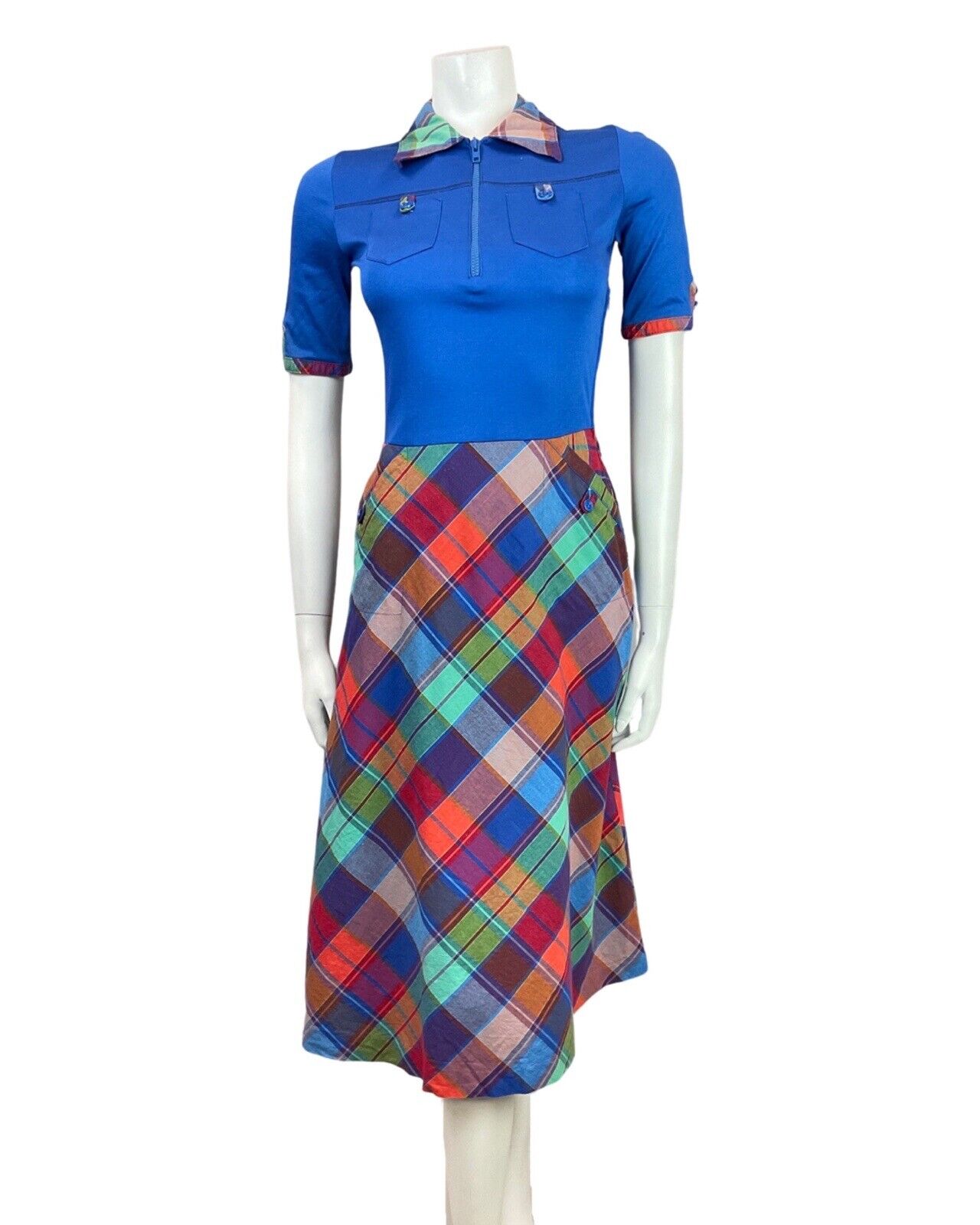 VINTAGE 60s 70s BLUE GREEN RED PLAID TARTAN MOD SWING MIDI SHIRT DRESS 8