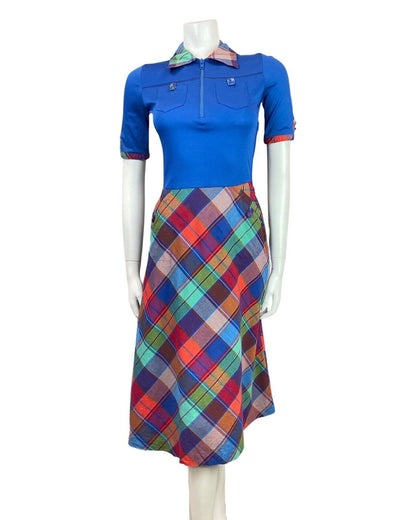 VINTAGE 60s 70s BLUE GREEN RED PLAID TARTAN MOD SWING MIDI SHIRT DRESS 8