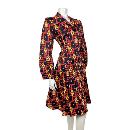 VINTAGE 60s 70s BLUE RED YELLOW PSYCHEDELIC DOTTY MOD DAGGER SHIRT DRESS 14 16