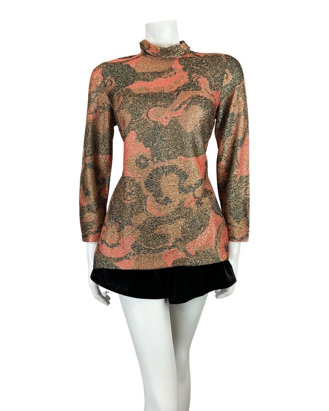 VINTAGE 60s 70s BROWN ORANGE GOLD PSYCHEDELIC TURTLENECK DISCO LUREX BLOUSE 12