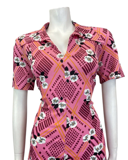VINTAGE 60s 70s PINK PURPLE WHITE GEOMETRIC FLORAL WING COLLAR SHIRT DRESS 14 16