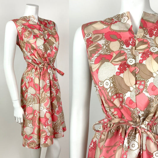 VINTAGE 60s 70s CORAL PINK BEIGE BROWN FLORAL PSYCHEDELIC SLEEVELESS DRESS 12 14