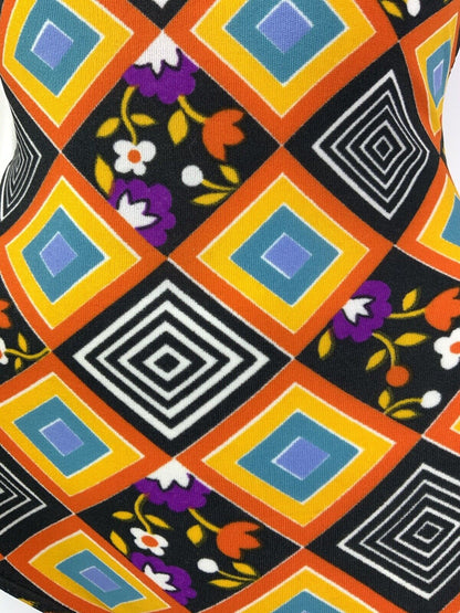 VTG 60s 70s ORANGE BLACK PURPLE GEOMETRIC FLORAL HALTER SWIM BATHING SUIT 10 12