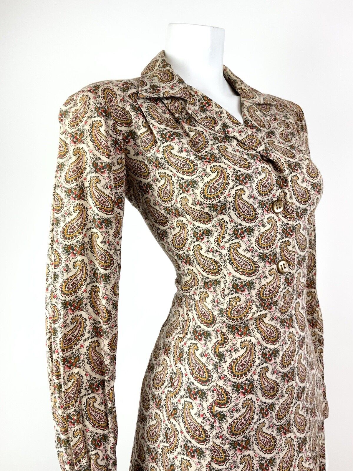 VINTAGE 60s 70s CREAM BROWN GREEN FLORAL PAISLEY BOTEH LONGLSEEVE SHIRT DRESS 10