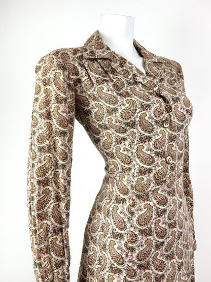 VINTAGE 60s 70s CREAM BROWN GREEN FLORAL PAISLEY BOTEH LONGLSEEVE SHIRT DRESS 10