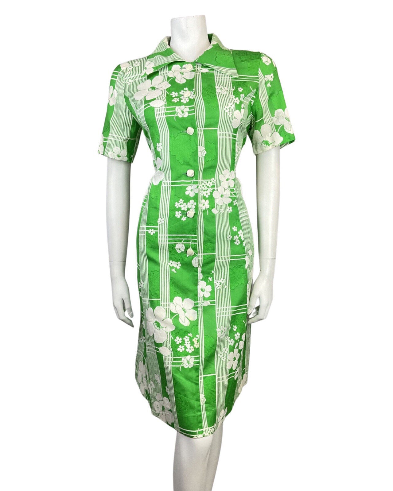 VINTAGE 70s APPLE GREEN WHITE STRIPED FLORAL MOD DAGGER SHIRT DRESS 12 14