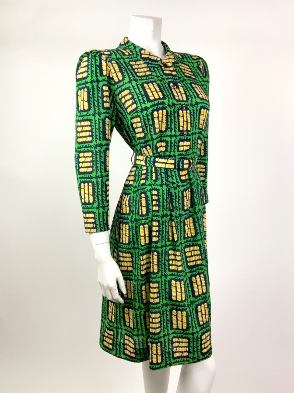 VTG 60s 70s GREEN BLUE YELLOW GEOMETRIC SQUARE PETER PAN COLLAR SHIRT DRESS 8 10