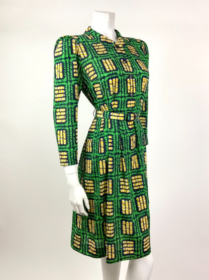 VTG 60s 70s GREEN BLUE YELLOW GEOMETRIC SQUARE PETER PAN COLLAR SHIRT DRESS 8 10