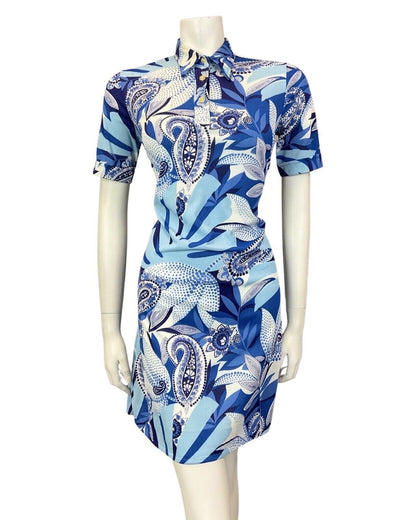 VINTAGE 60s 70s BLUE NAVY WHITE PSYCHEDELIC FLORAL PAISLEY MOD SHIRT DRESS 10 12