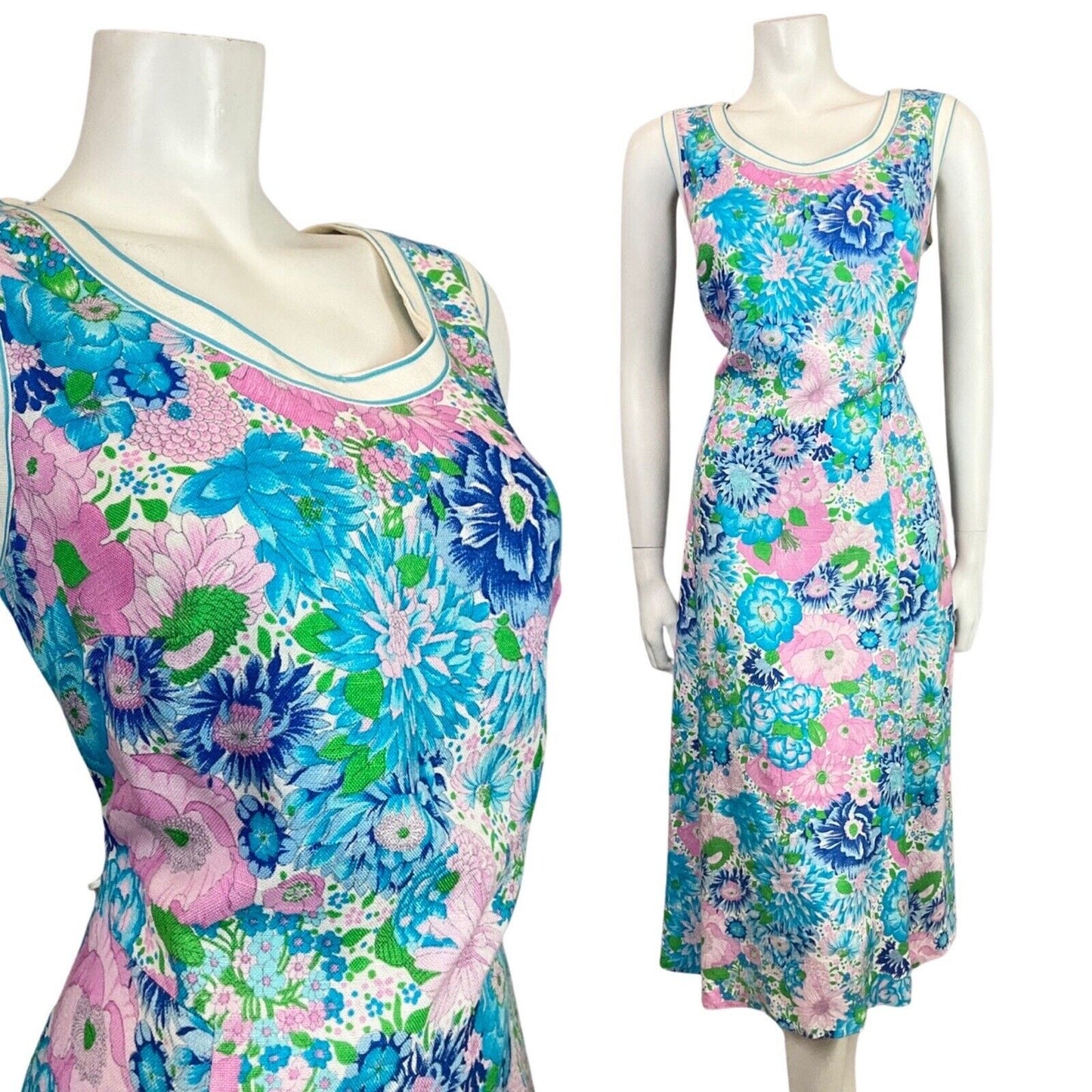 VINTAGE 60s 70s BLUE PINK WHITE FLORAL BOTANICAL SLEEVELESS SUMMER DRESS 14