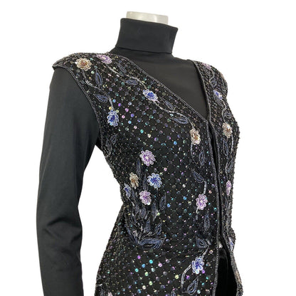 VINTAGE 70s 80s BLACK PURPLE FLORAL SEQUIN BEADED DISCO GLAM WAISTCOAT TOP 12 14