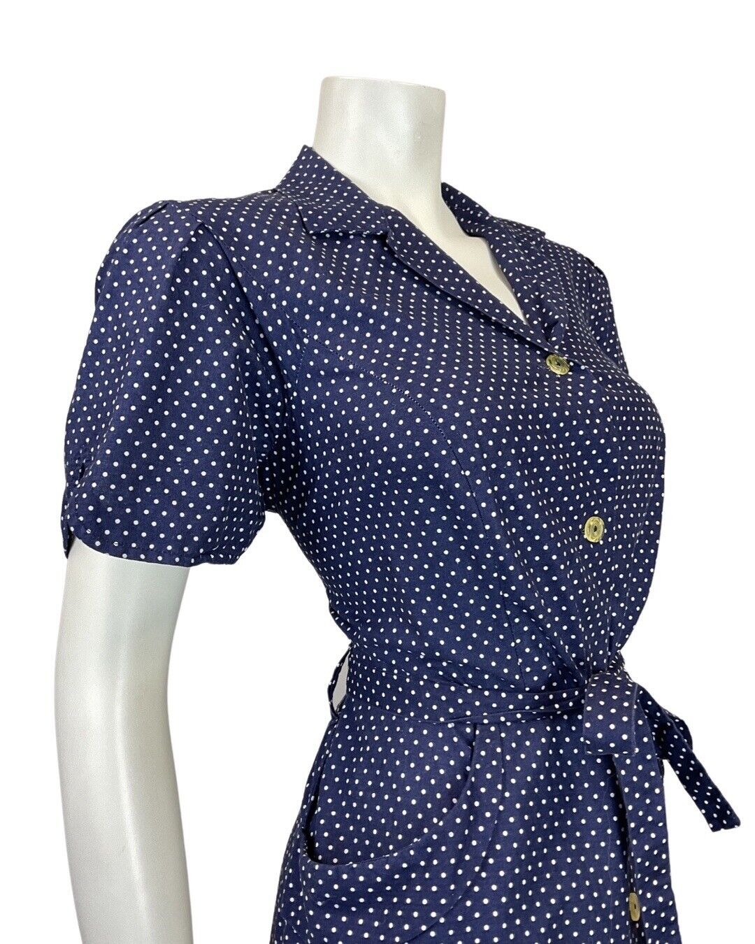 VINTAGE 60s 70s NAVY BLUE WHITE POLKA-DOT DITSY FLOWER SHIRT DRESS 12 14