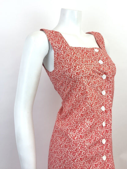 VTG 60s 70s RED WHITE FLORAL DITSY MOD BOHO PINAFORE SLEEVELESS SHIFT DRESS 8